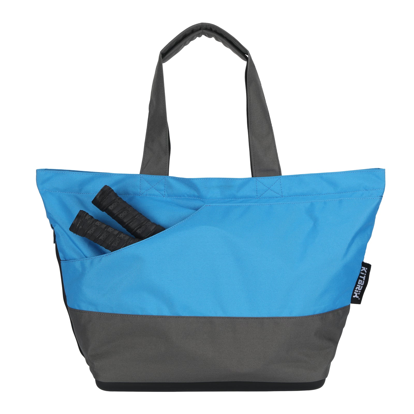 Blue and gray padel tote bag with a visible KitBrix brand label on a white background