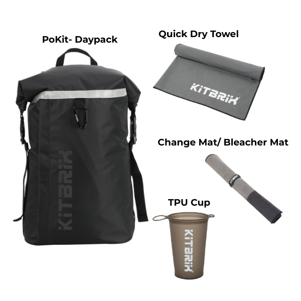 Perfect gift bundle for gym goers, including a daily backpack, quick dry towel, TPU cup and a bleacher mat.