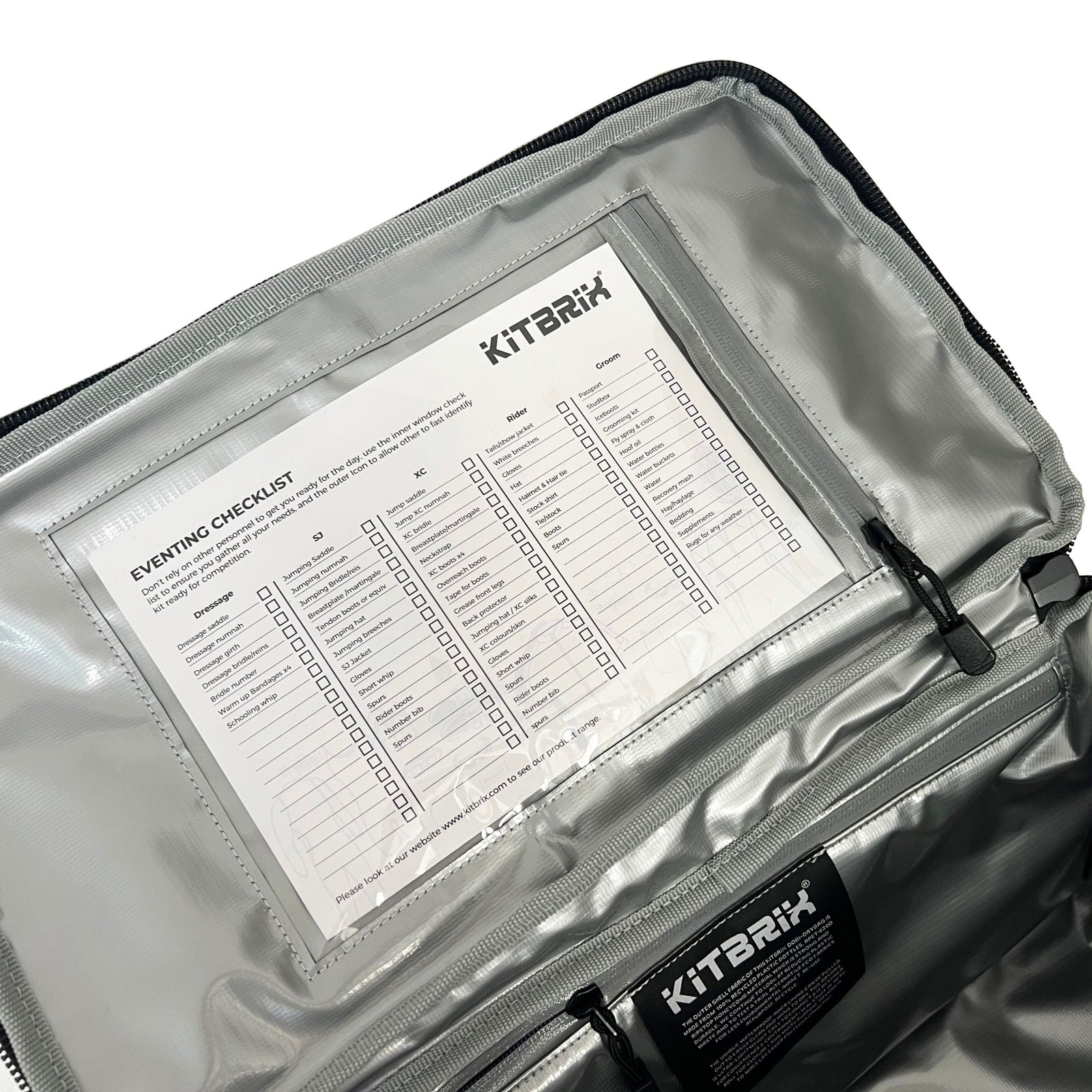 KitBrix event checklist inside an open bag on a white background