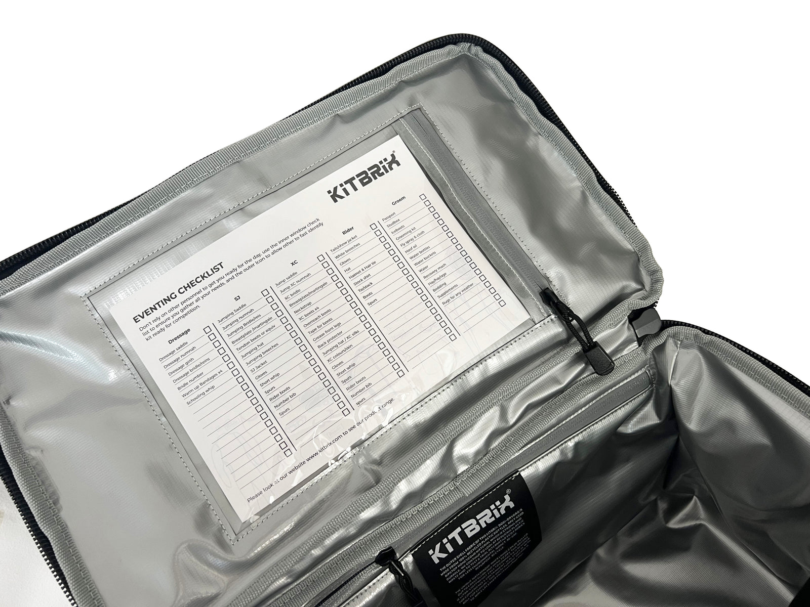 KitBrix event checklist inside an open bag on a white background