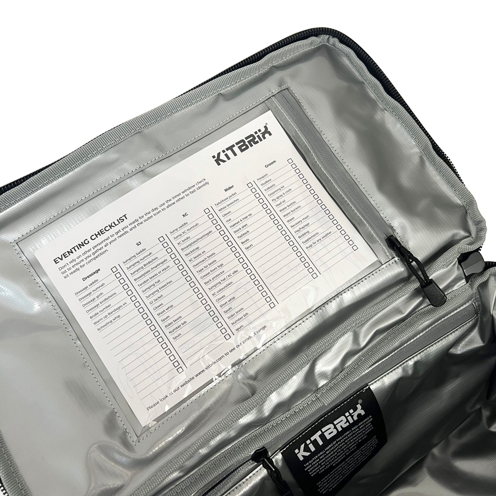 KitBrix event checklist inside an open bag on a white background