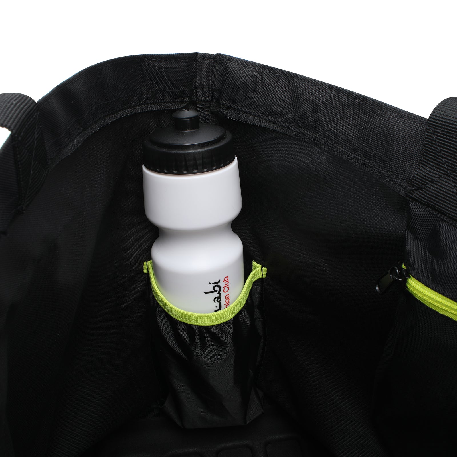 Convenient easy-grab water bottle pocket with lime green trim for quick access during your day