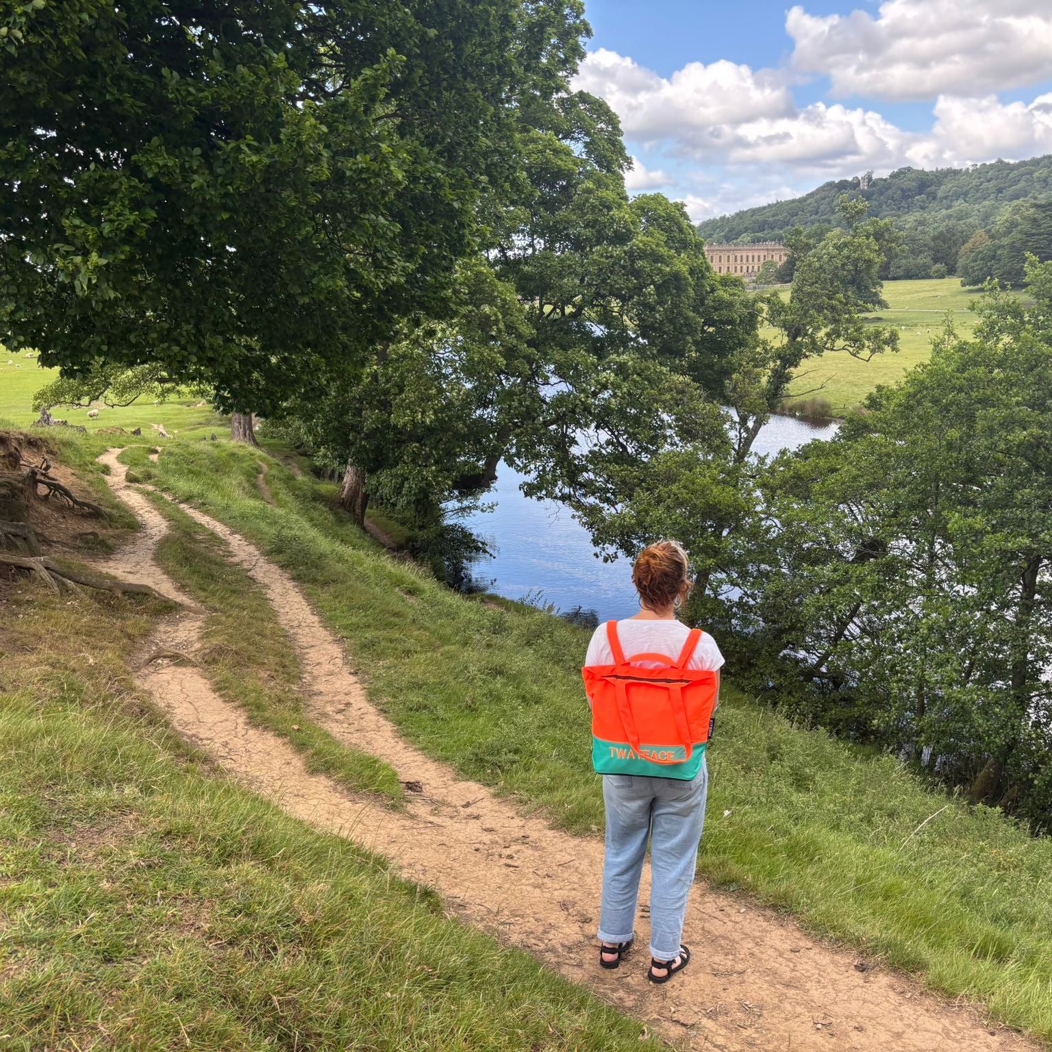A women with a tote bag standing on a path overlooking a scenic landscape with trees and a lake.