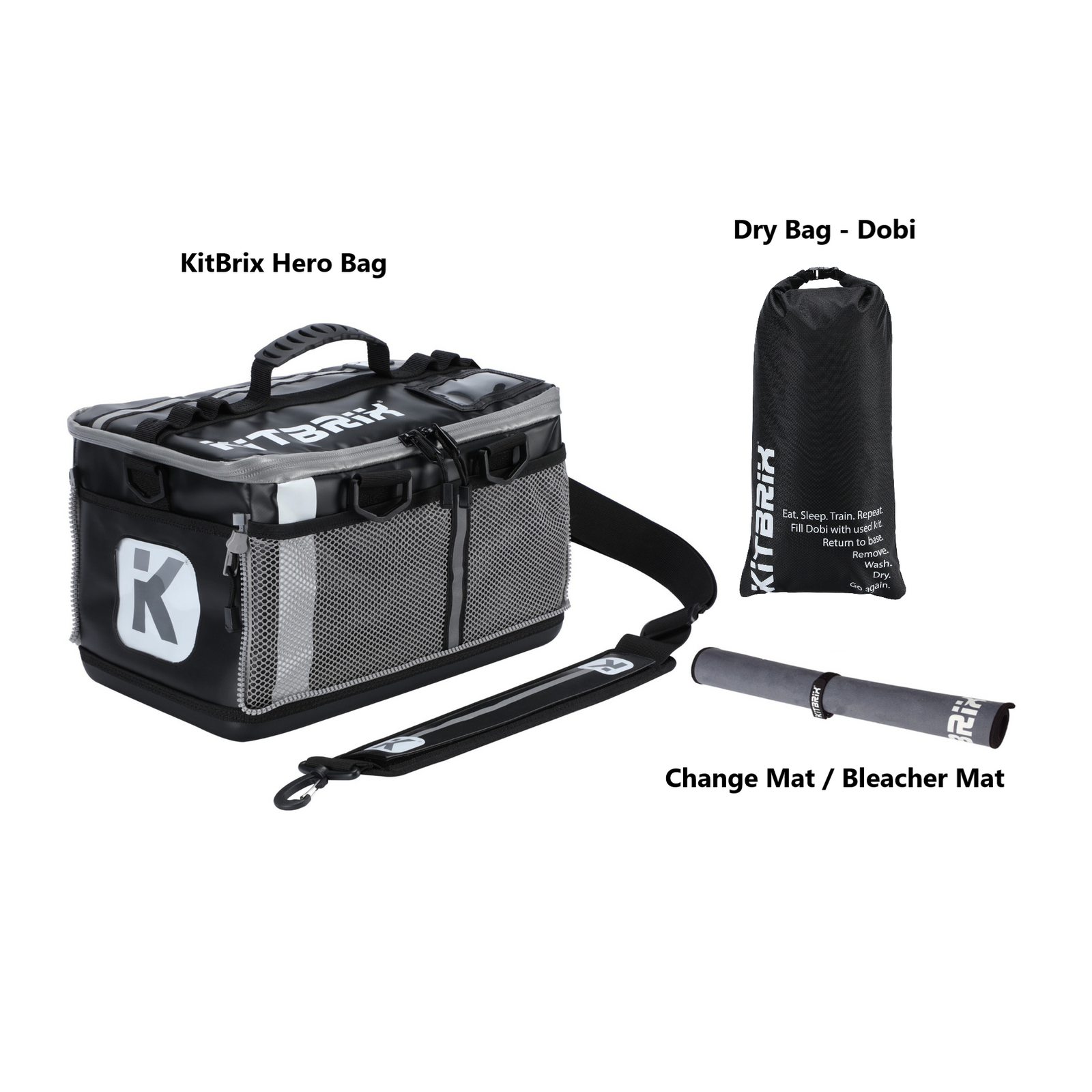 Athlete Essentials Bundle includes 1 transition bag, 1 dry bag and change mat for active people.