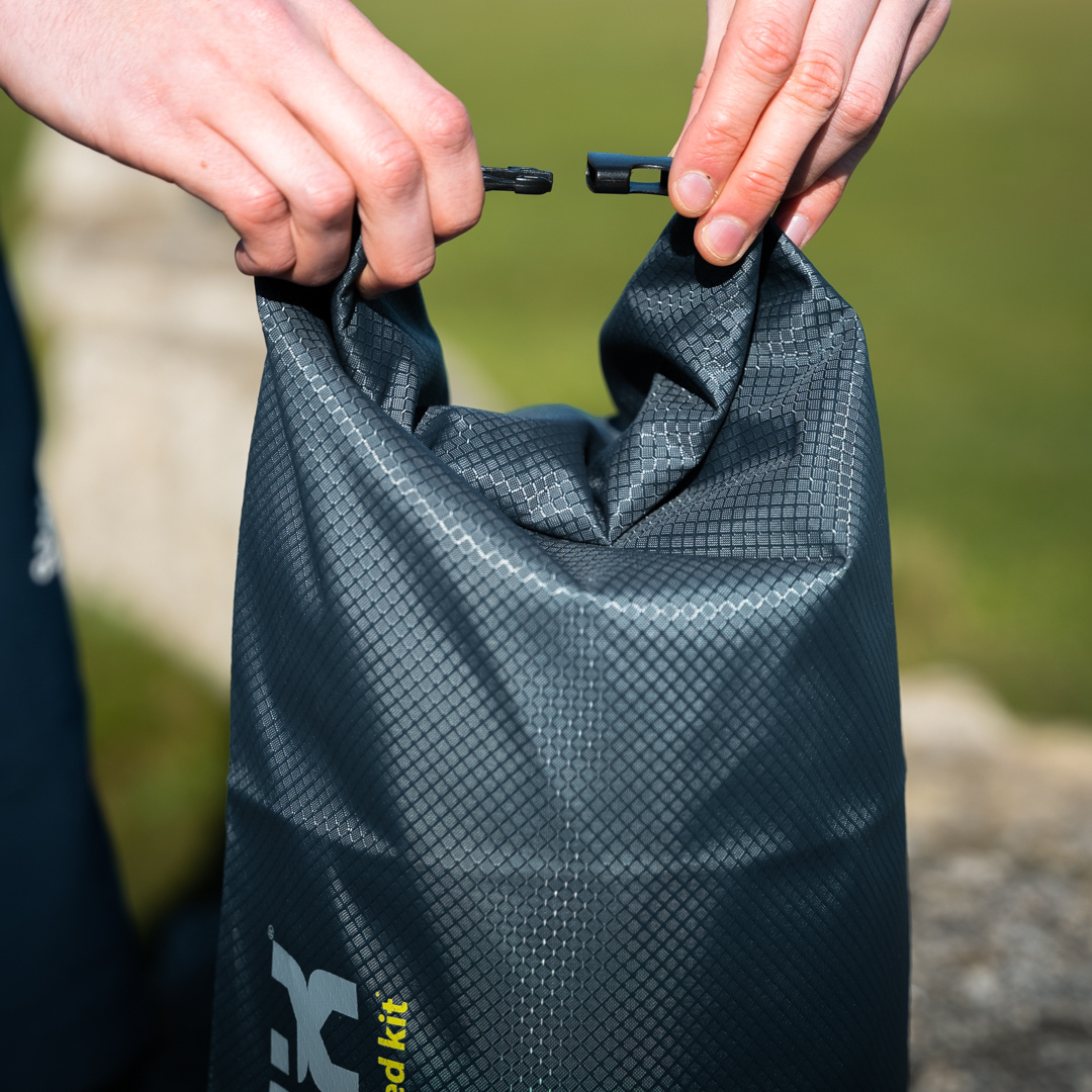 Close-up of DobiPak's zipper and roll-down mechanism, emphasizing its secure closure and durability.