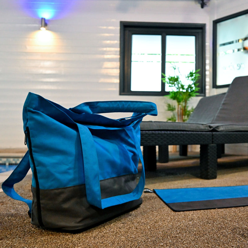 A blue/ grey tote bag