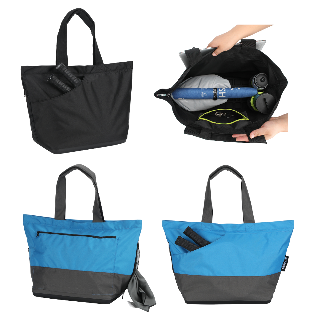 Black and blue tote bag with interior organization features on a white background