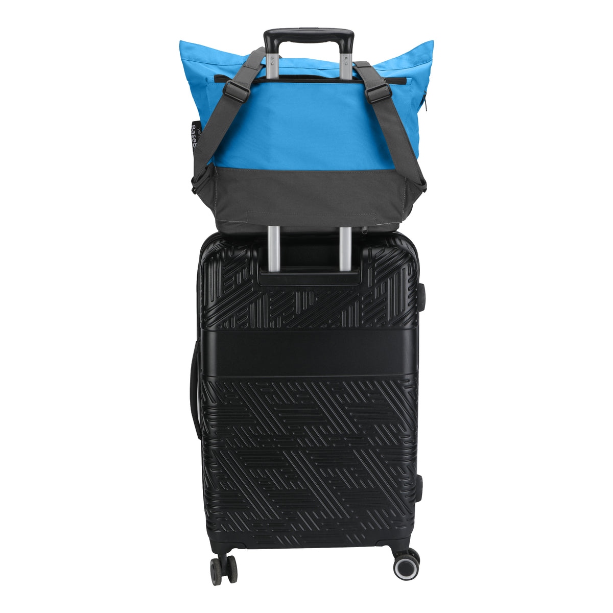 Black suitcase with a blue and grey tote  backpack on top. 