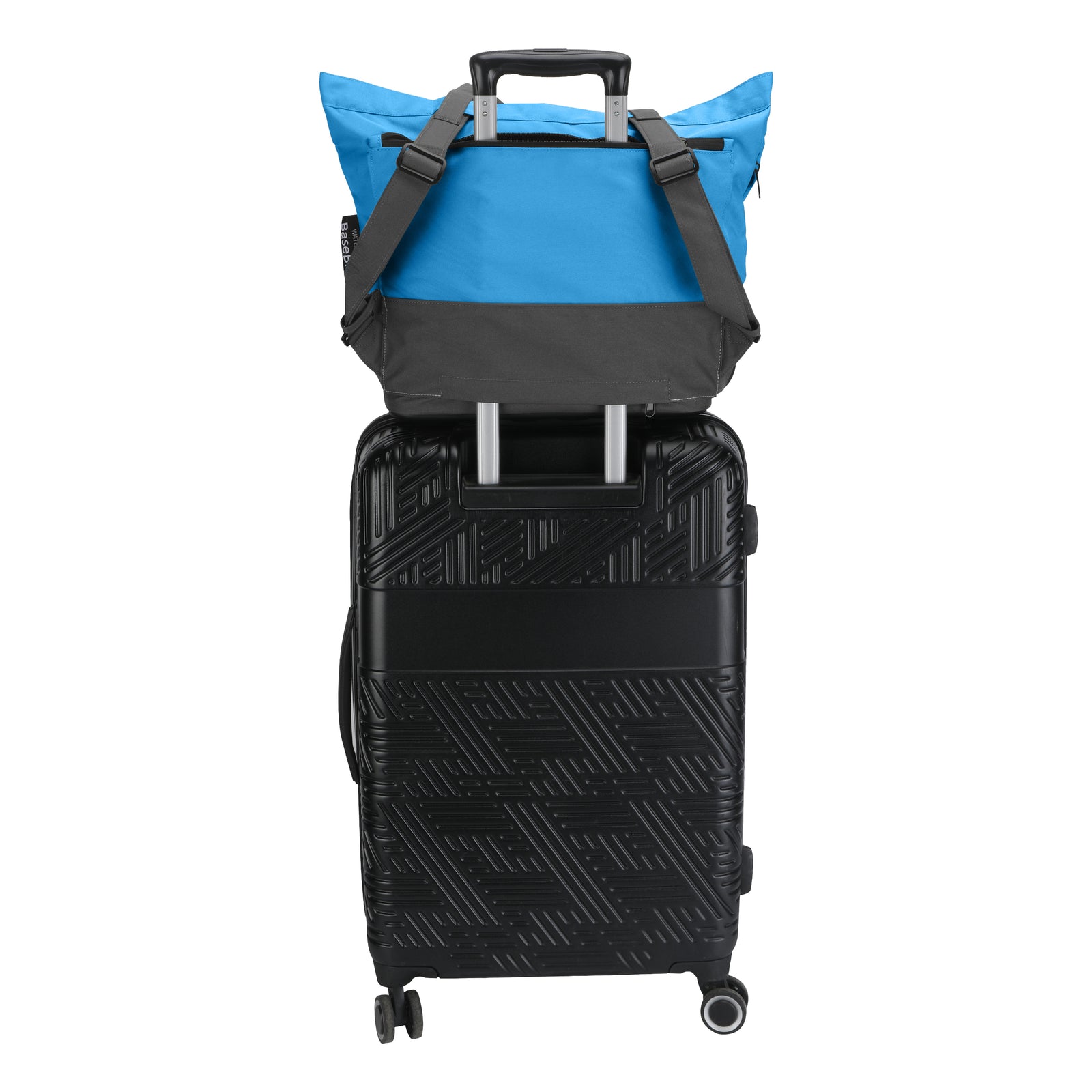 Black suitcase with a blue and grey tote  backpack on top. 