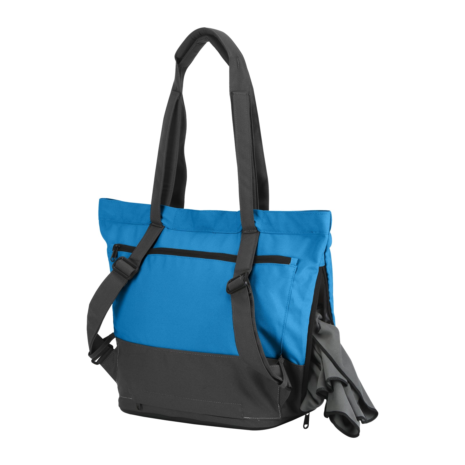 Blue and black tote bag with a wet-dry locker for the wet towel.