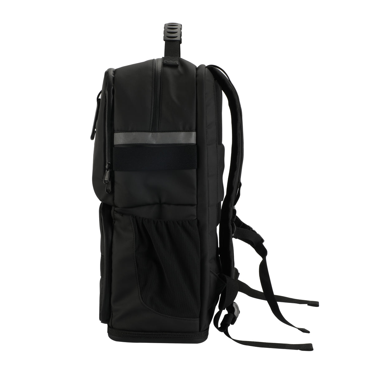 Black commuter backpack with reflective strip on a white background