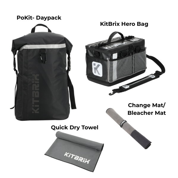Collection of KitBrix products including a daypack, hero bag, quick dry towel, and change mat on a white background.