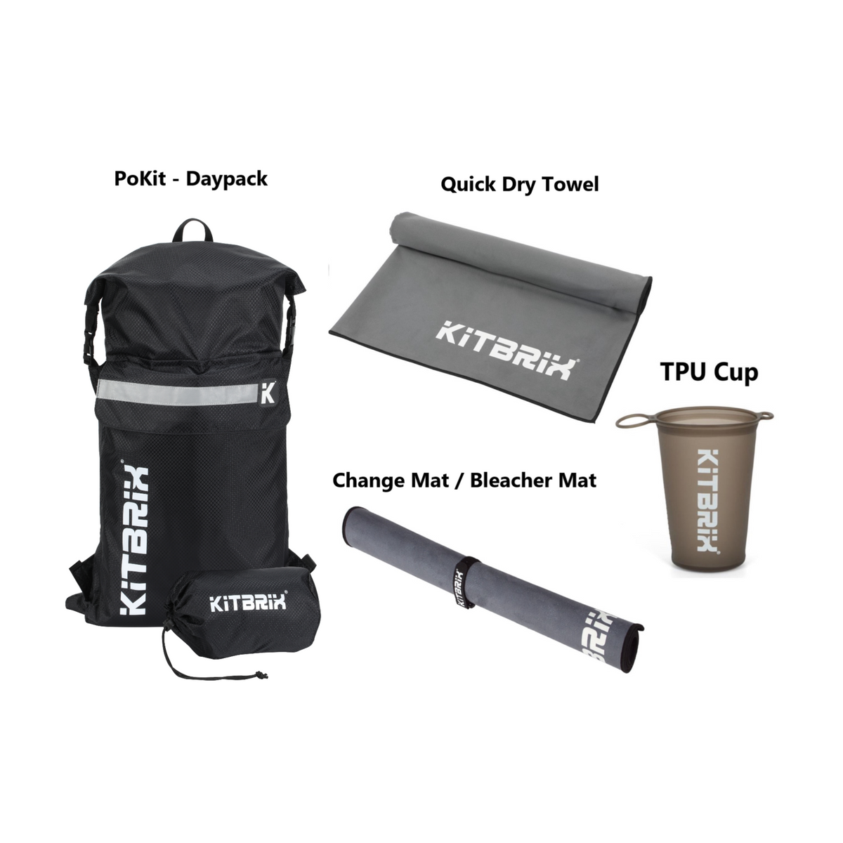 Perfect gift bundle for gym goers, including a daily backpack, quick dry towel, TPU cup and a bleacher mat