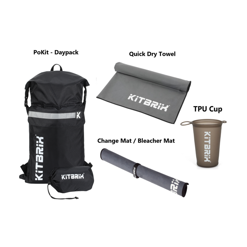 Perfect gift bundle for gym goers, including a daily backpack, quick dry towel, TPU cup and a bleacher mat