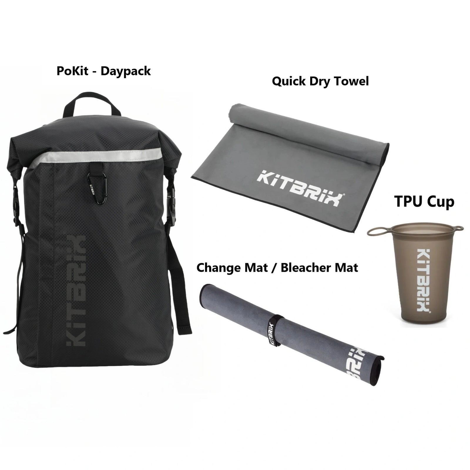 Perfect gift bundle for gym goers, including a daily backpack, quick dry towel, TPU cup and a bleacher mat.