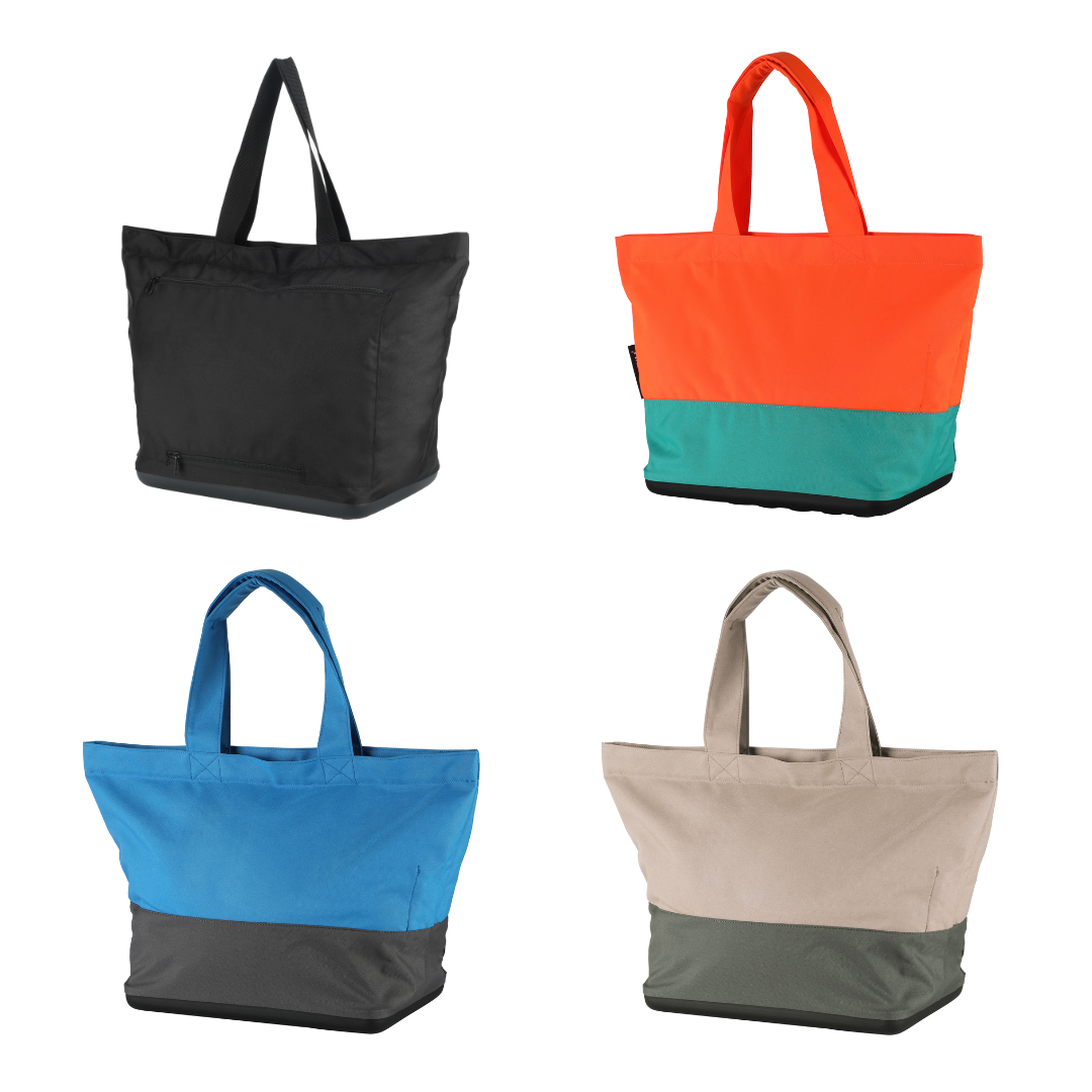 Four tote bags in black, orange and green, blue and gray, and beige and gray on a white background.