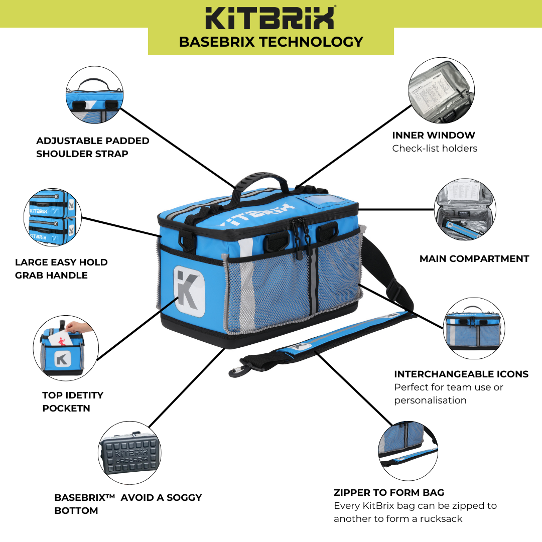 A black and yellow KitBrix Hero Bag with multiple compartments and a modular design, featuring lockable zips and an ergonomic grab handle.