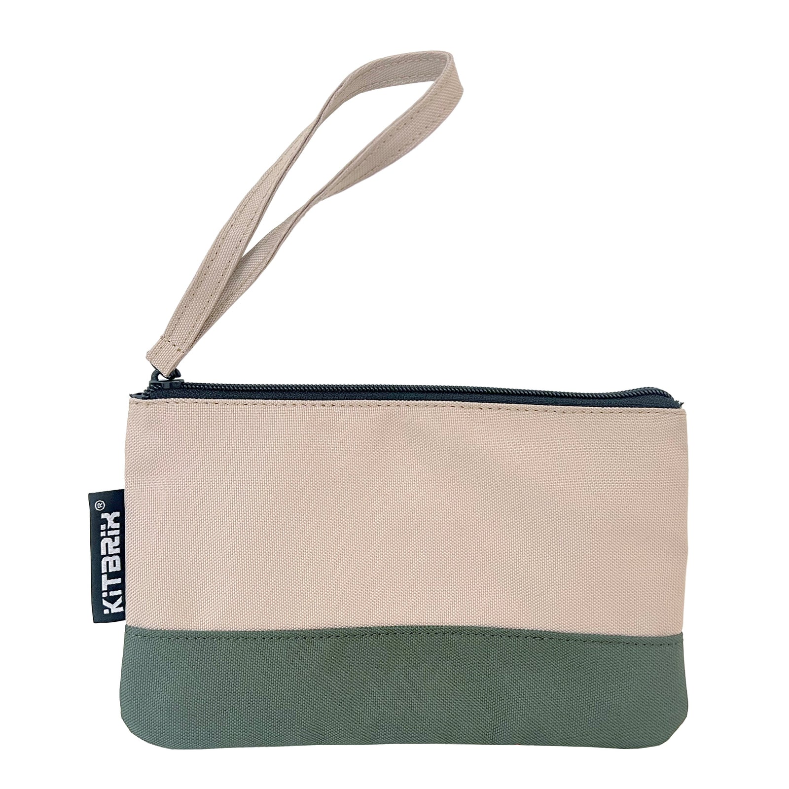 Compact and stylish duo-color pouch with a convenient wrist strap for handkerchief storage.