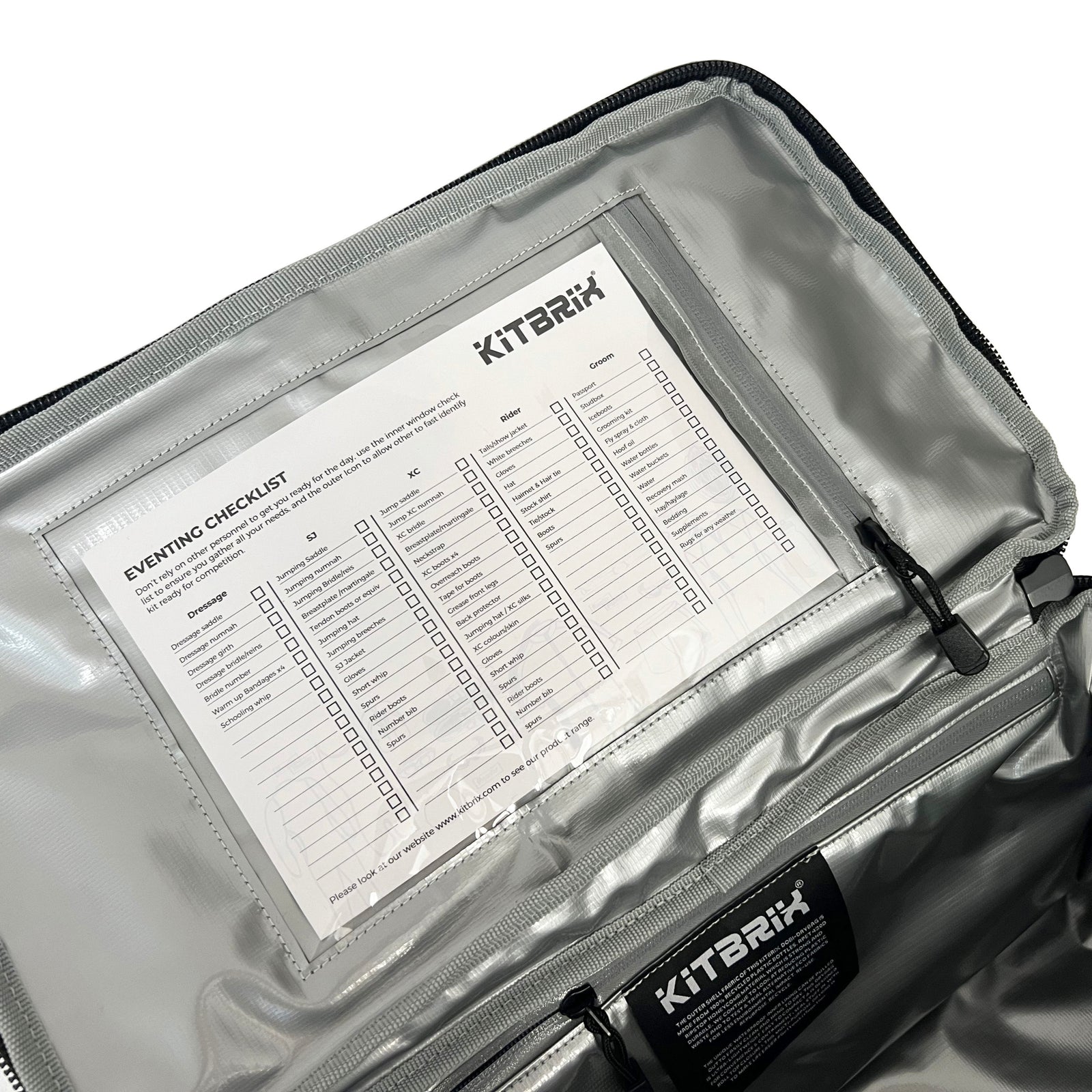 KitBrix event checklist inside an open bag on a white background