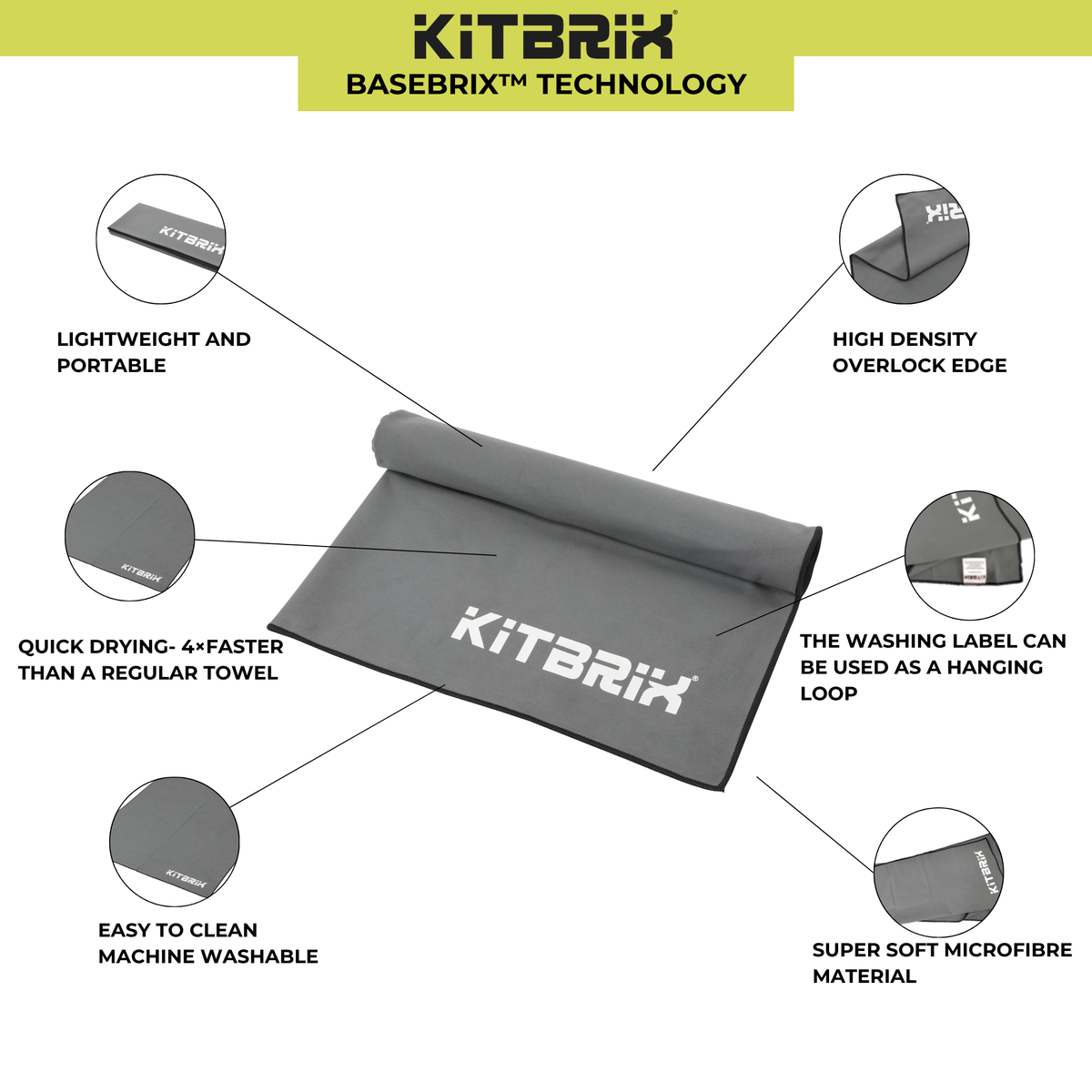 Compact, easy-fold KitBrix towel with soft and absorbent surface.