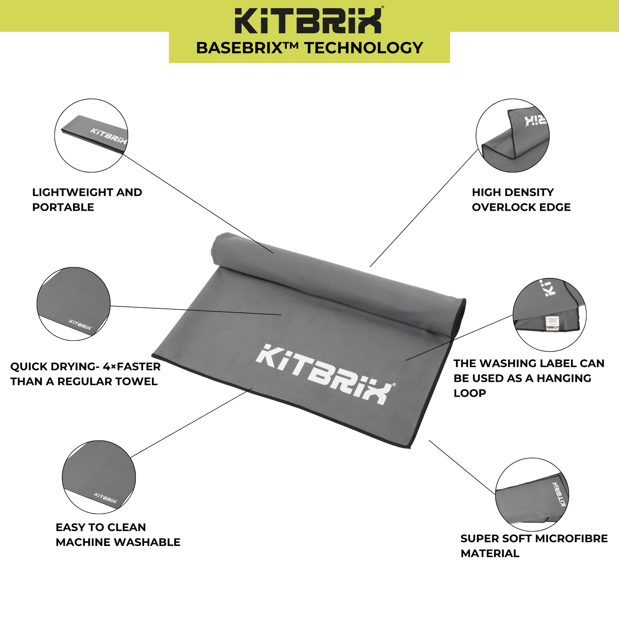 Compact, easy-fold KitBrix towel with soft and absorbent surface.