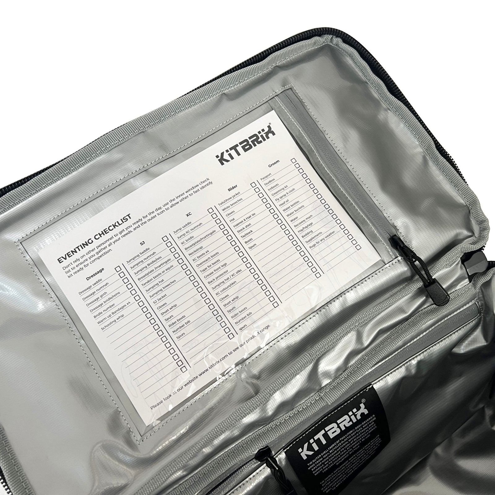 KitBrix event checklist inside an open bag on a white background