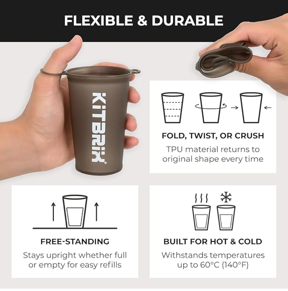 KitBrix Collapsible Cup - Set of 2 Reusable Race Cups (200ml / 7oz) - Ultra-Light Travel Cup & Camping Cup for Running Accessories, Marathons & Outdoor Events
