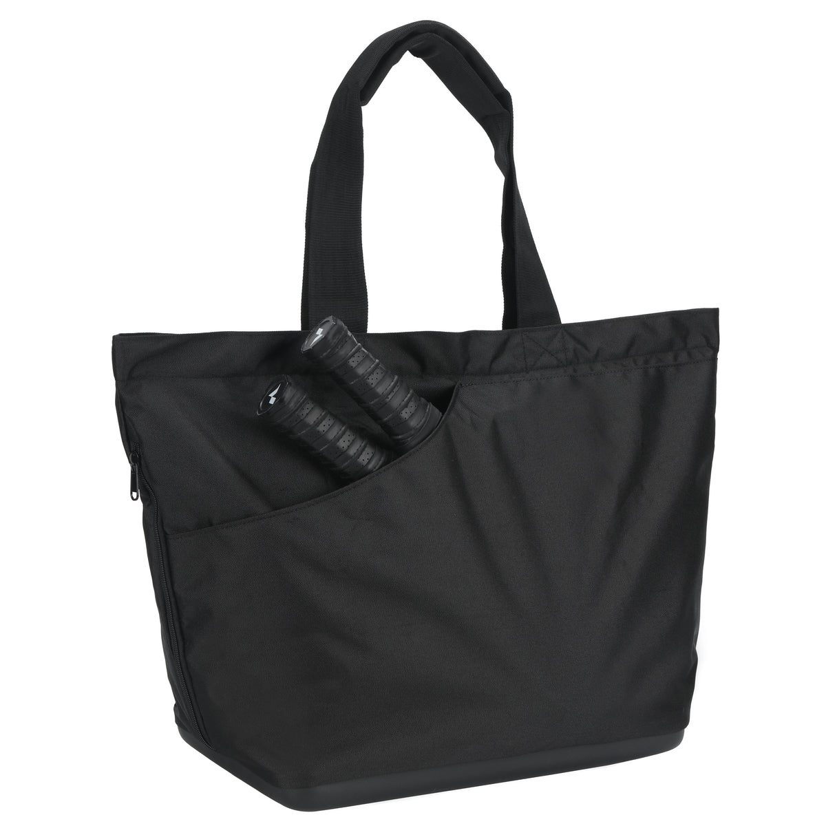 Organized black padel bag with interior pockets for bottles and accessories