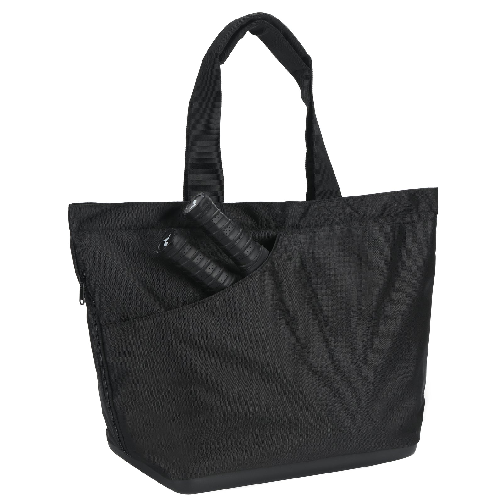 Organized black padel bag with interior pockets for bottles and accessories