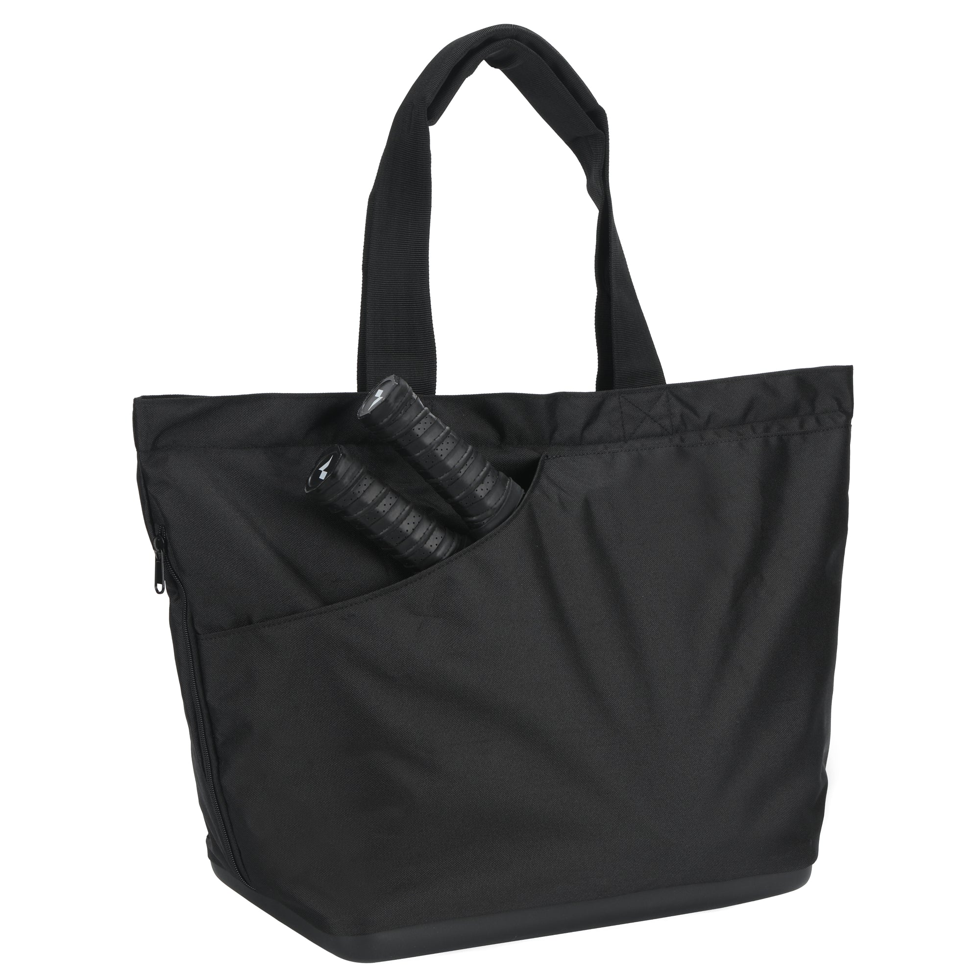 Organized black padel bag with interior pockets for bottles and accessories