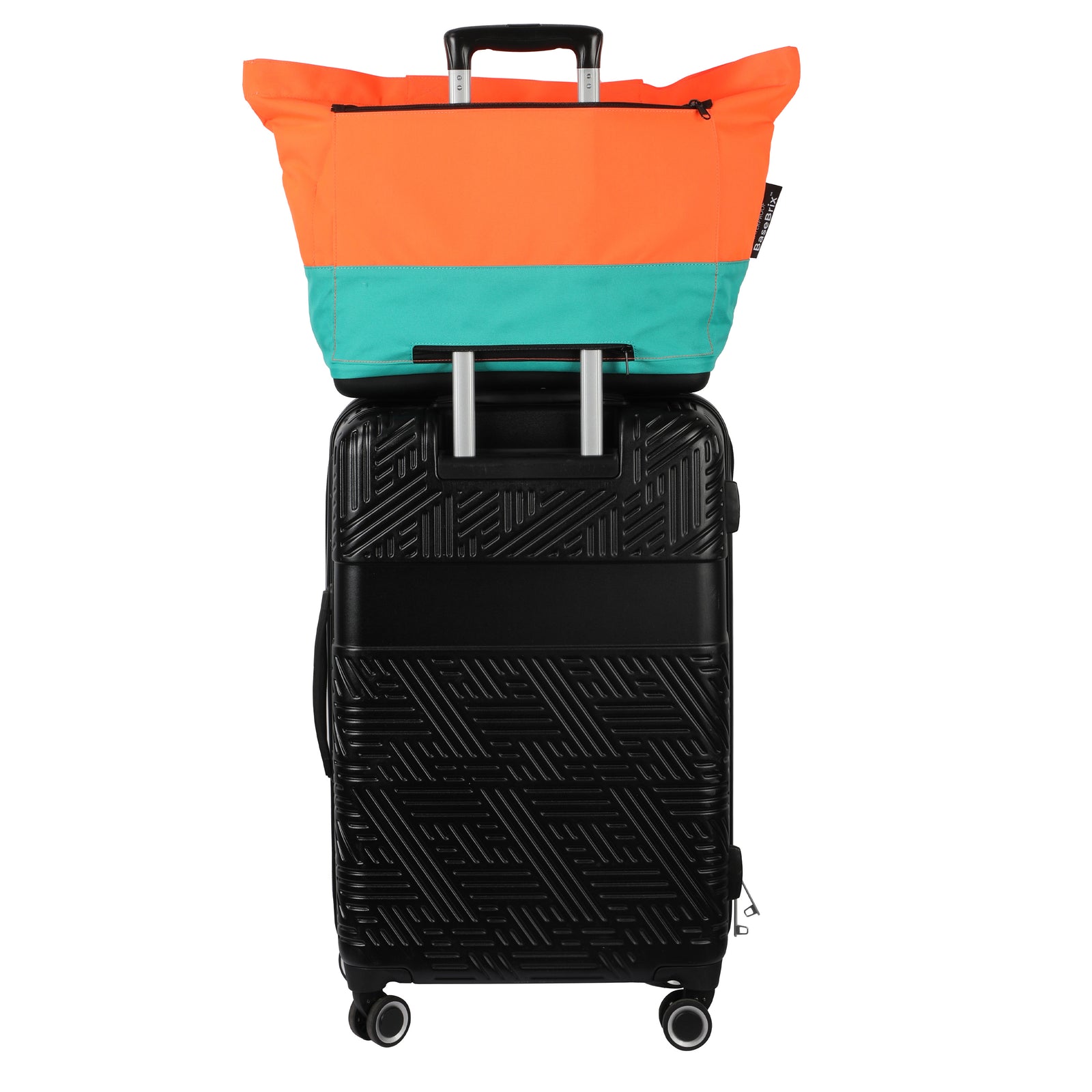 Black suitcase with an orange and teal bag on top against a white background