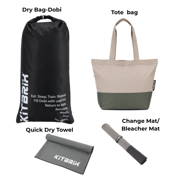 Adventure gear bundle for UK travelers, includes dry bag, towel, tote bag, and waterproof change mat.