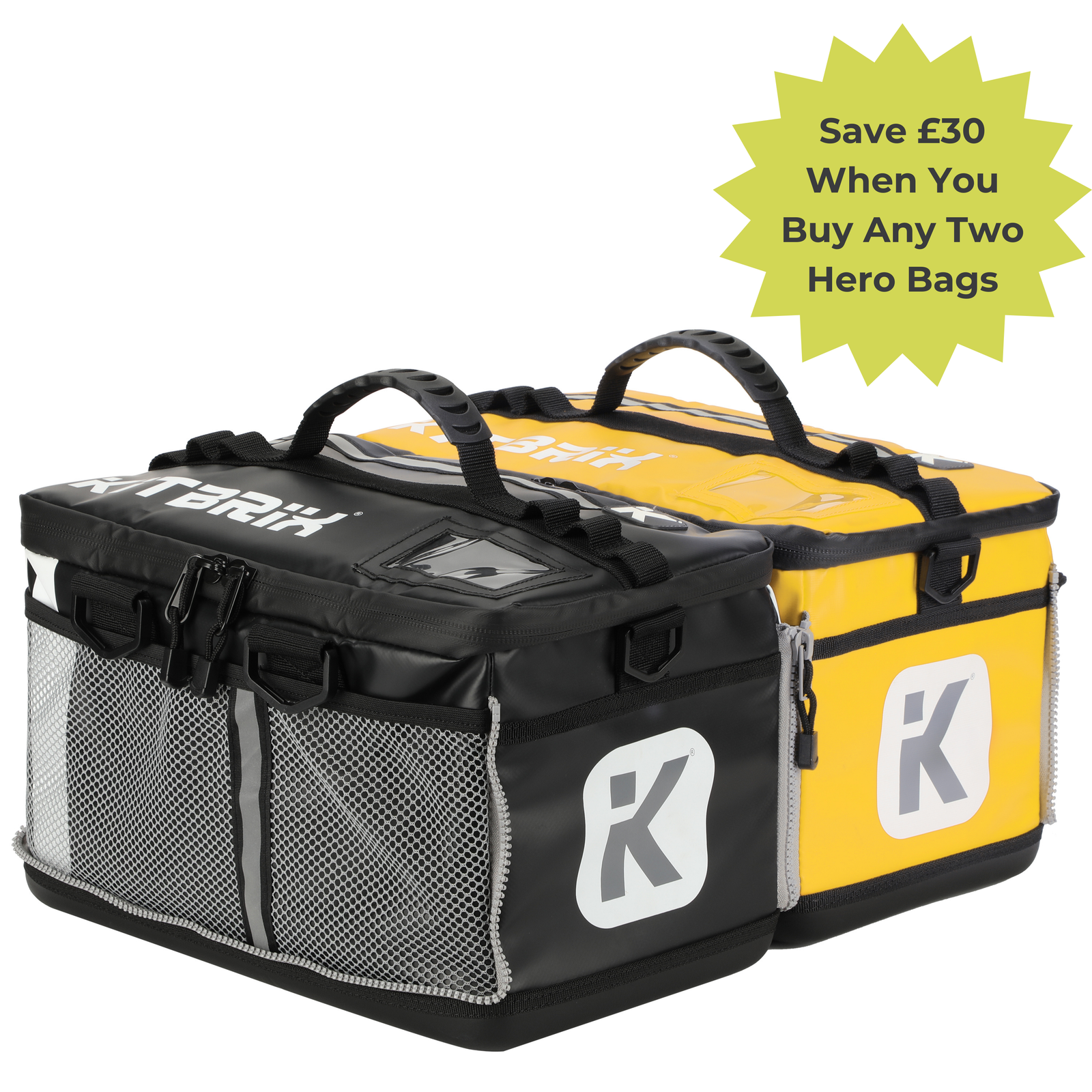 A black and yellow KitBrix Hero Bag with multiple compartments and a modular design, featuring lockable zips and an ergonomic grab handle.