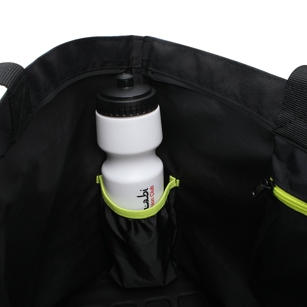 Convenient easy-grab water bottle pocket with lime green trim for quick access during your day