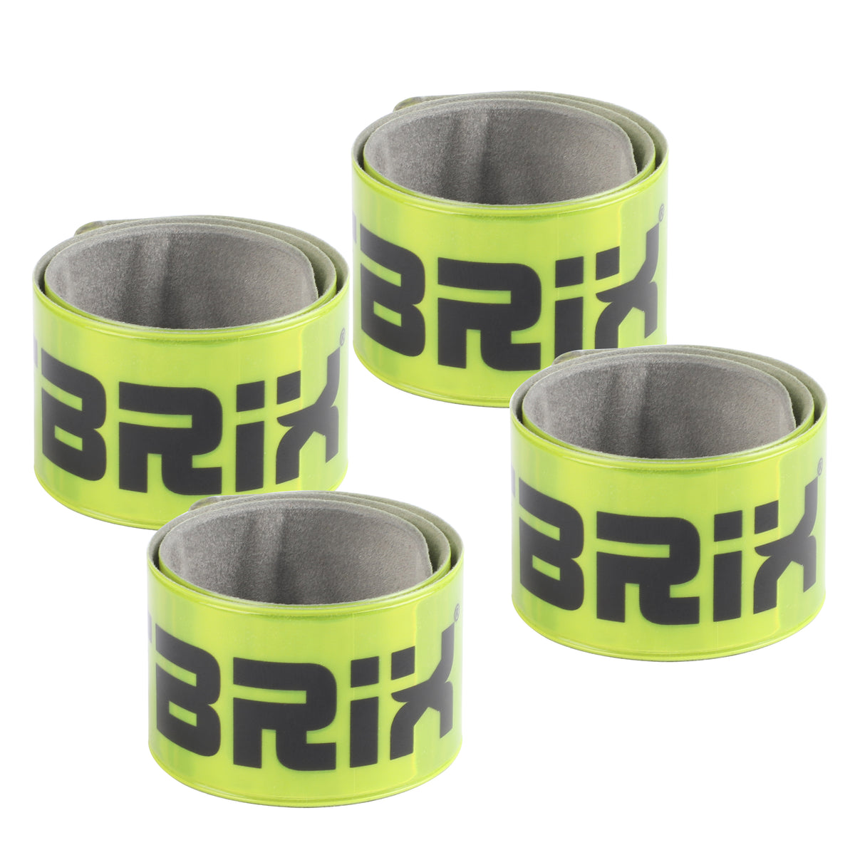 Luminous snap bands designed for safety, available in packs of 4, for improved visibility during exercise.