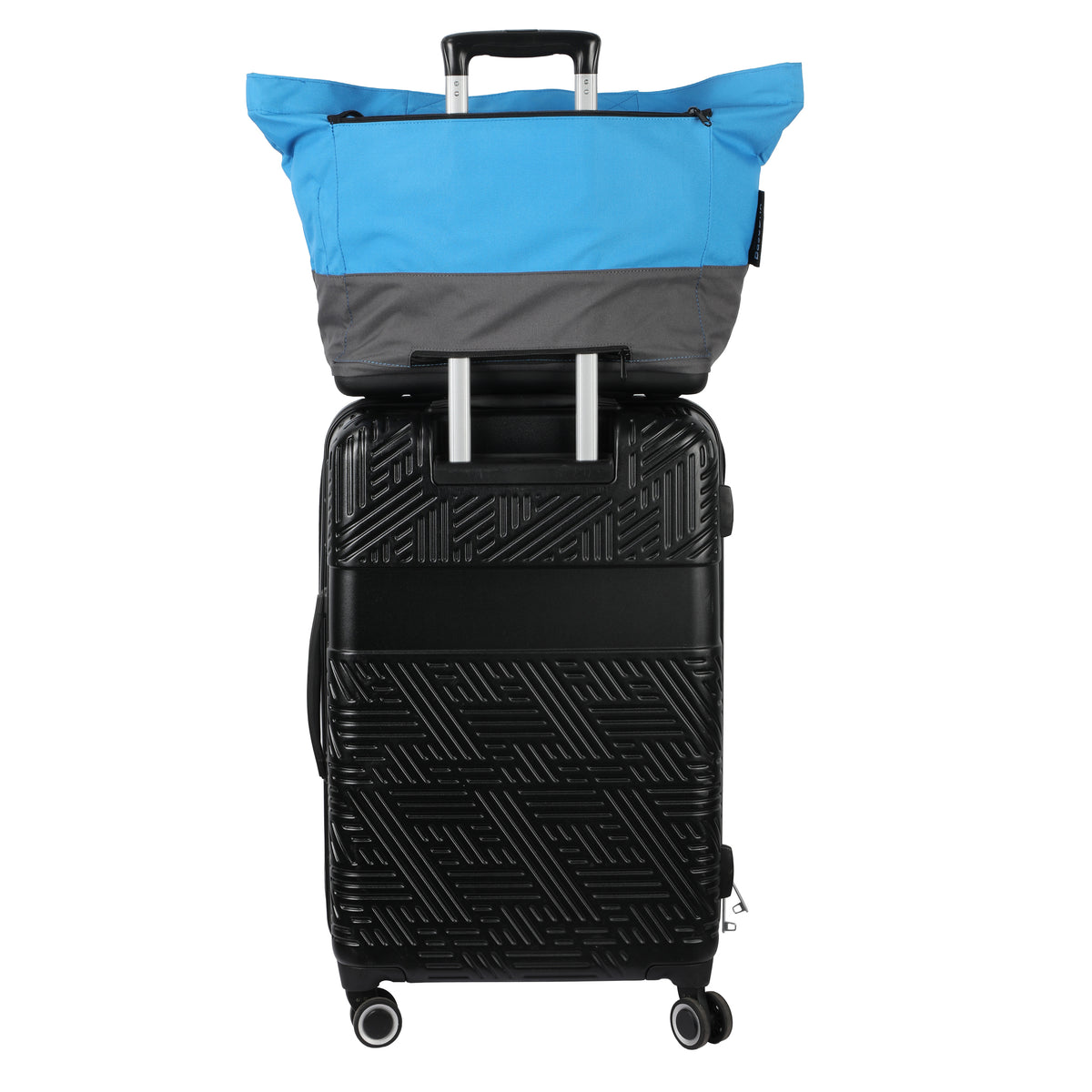 Black suitcase with a blue and gray padel bag on top 