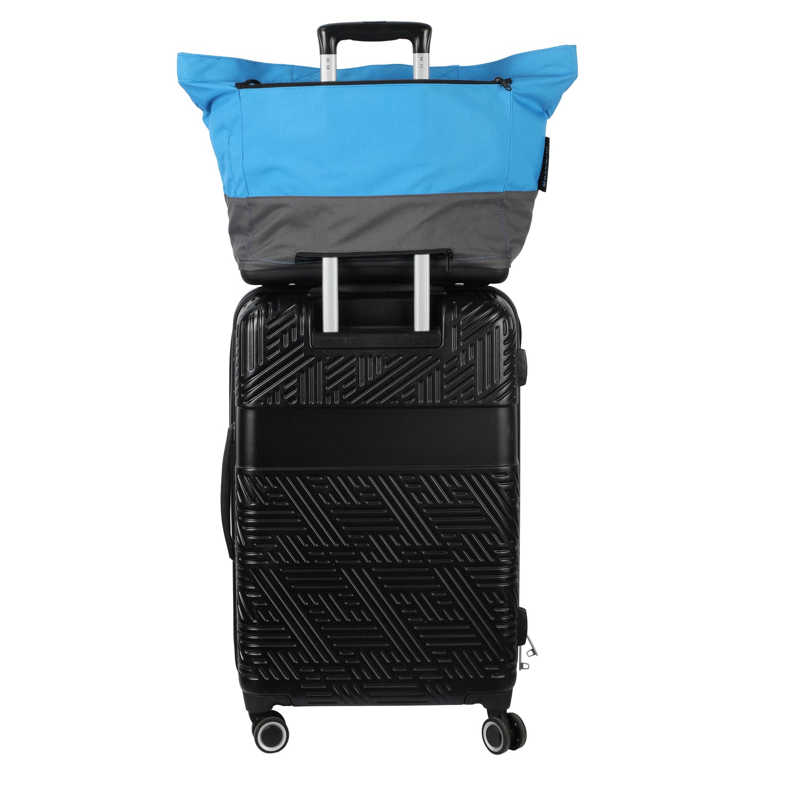 Black suitcase with a blue and gray padel bag on top 
