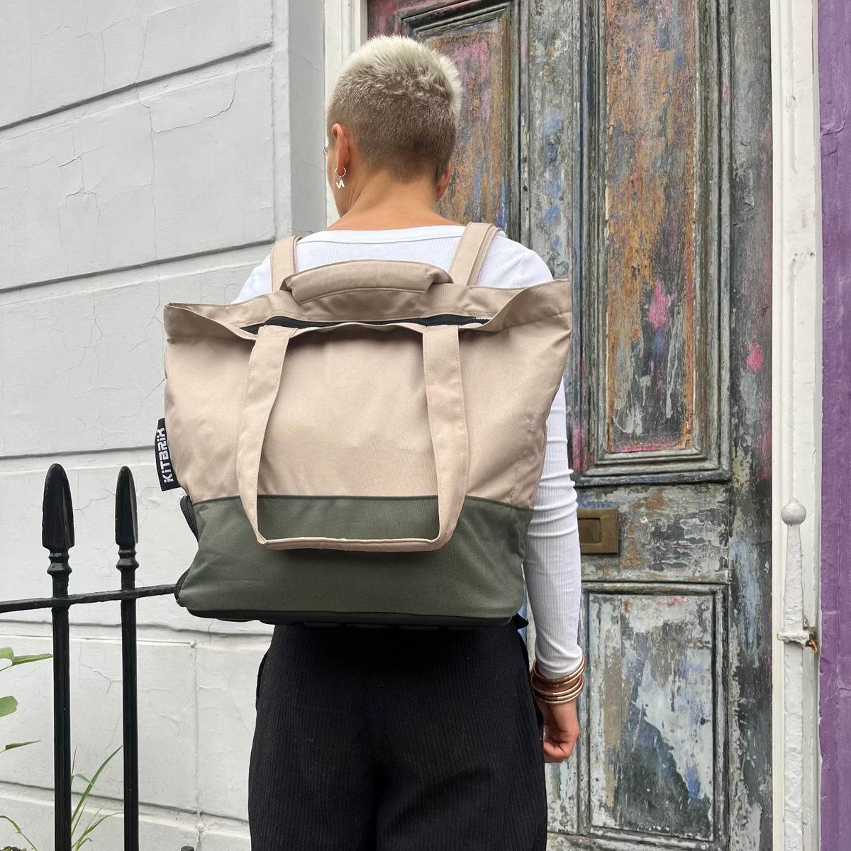 Tote Backpack carrying on shoulder in Sage colour