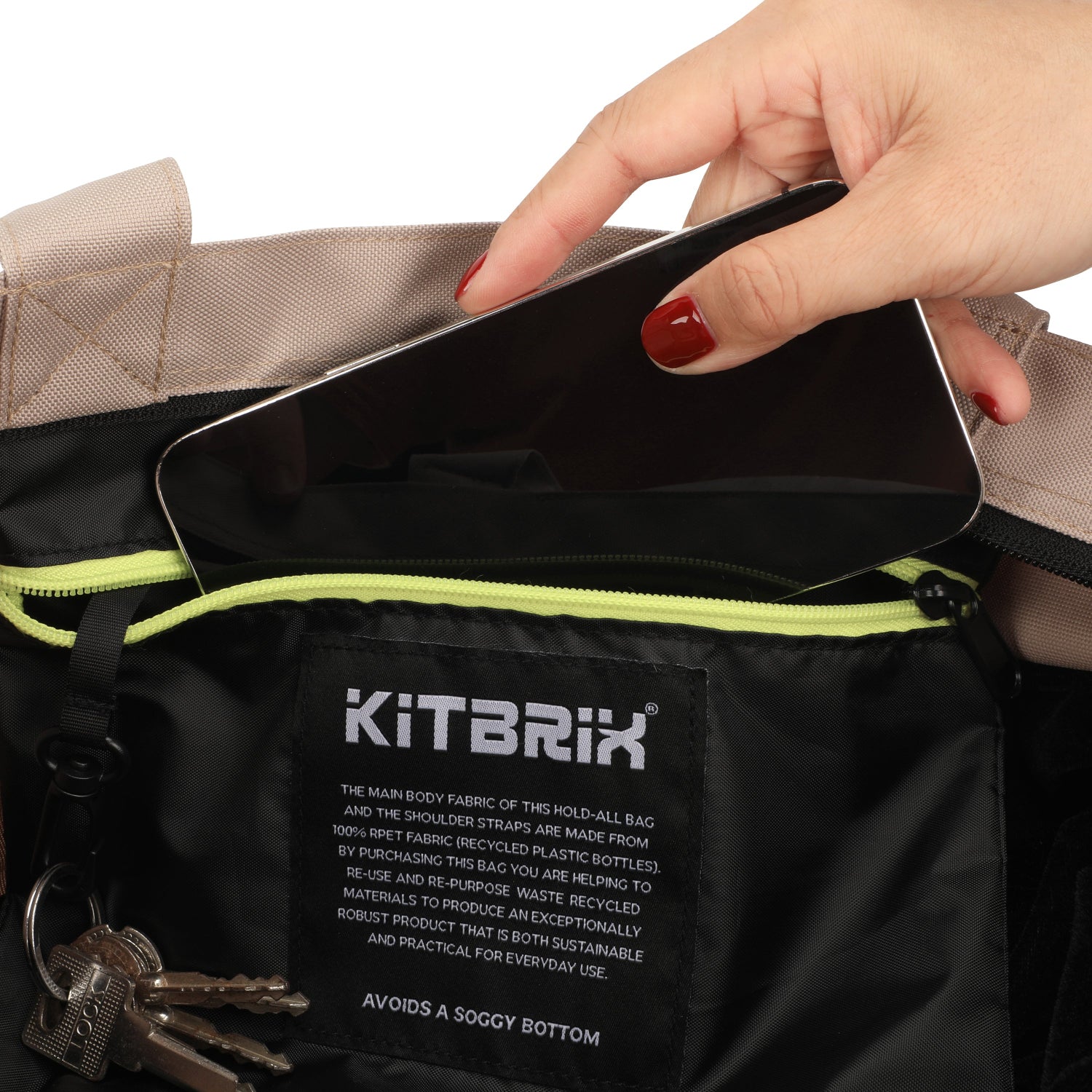 Tote backpack with a phone pocket and additional compartments for effortless organization and quick access.