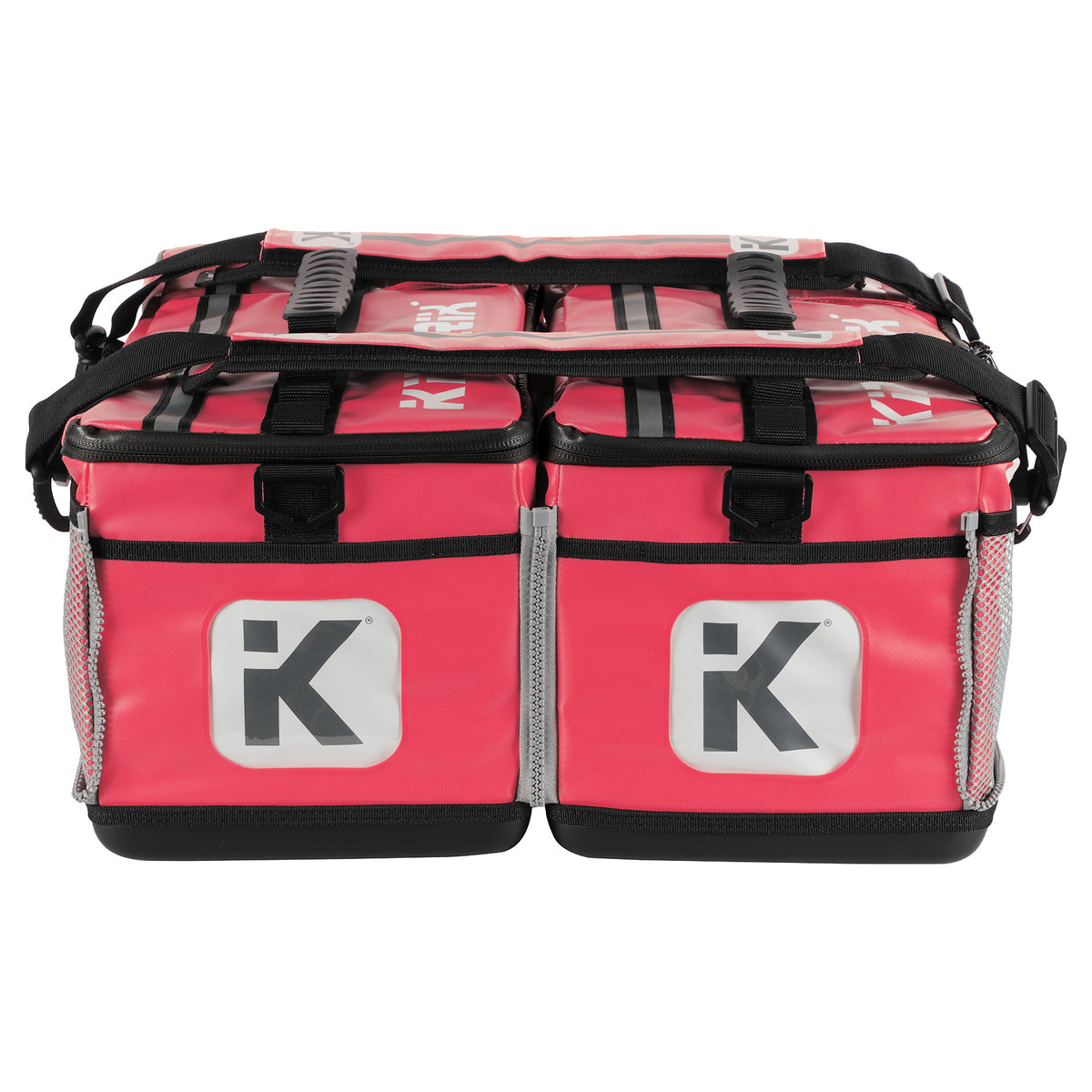 Two KitBrix bags zipped together, emphasizing the waterproof
and expandable features for triathletes.