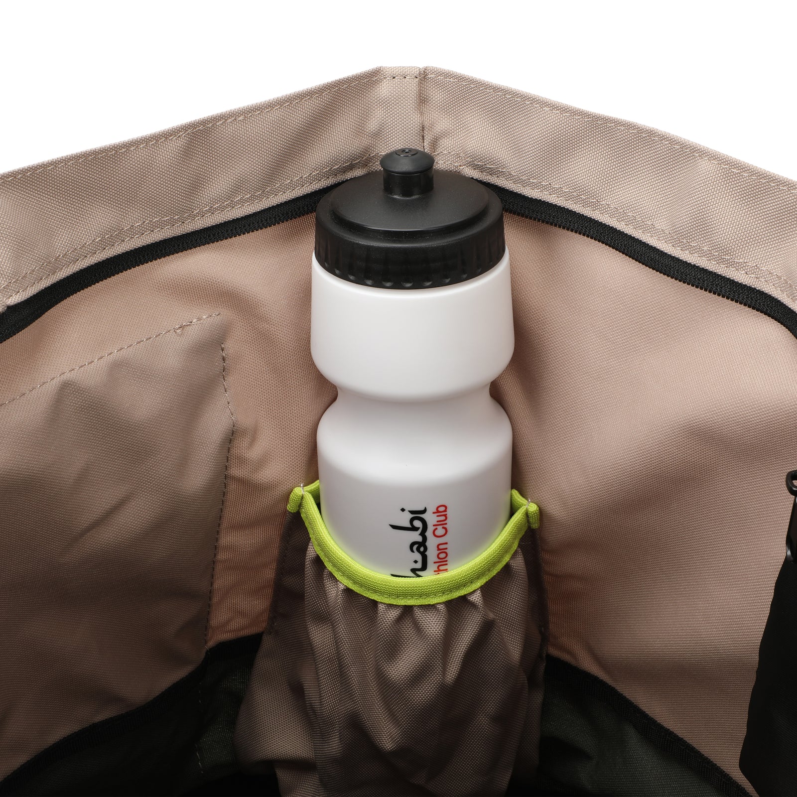 Integrated easy-grab water bottle pocket with a lime green trim on the durable tote bag