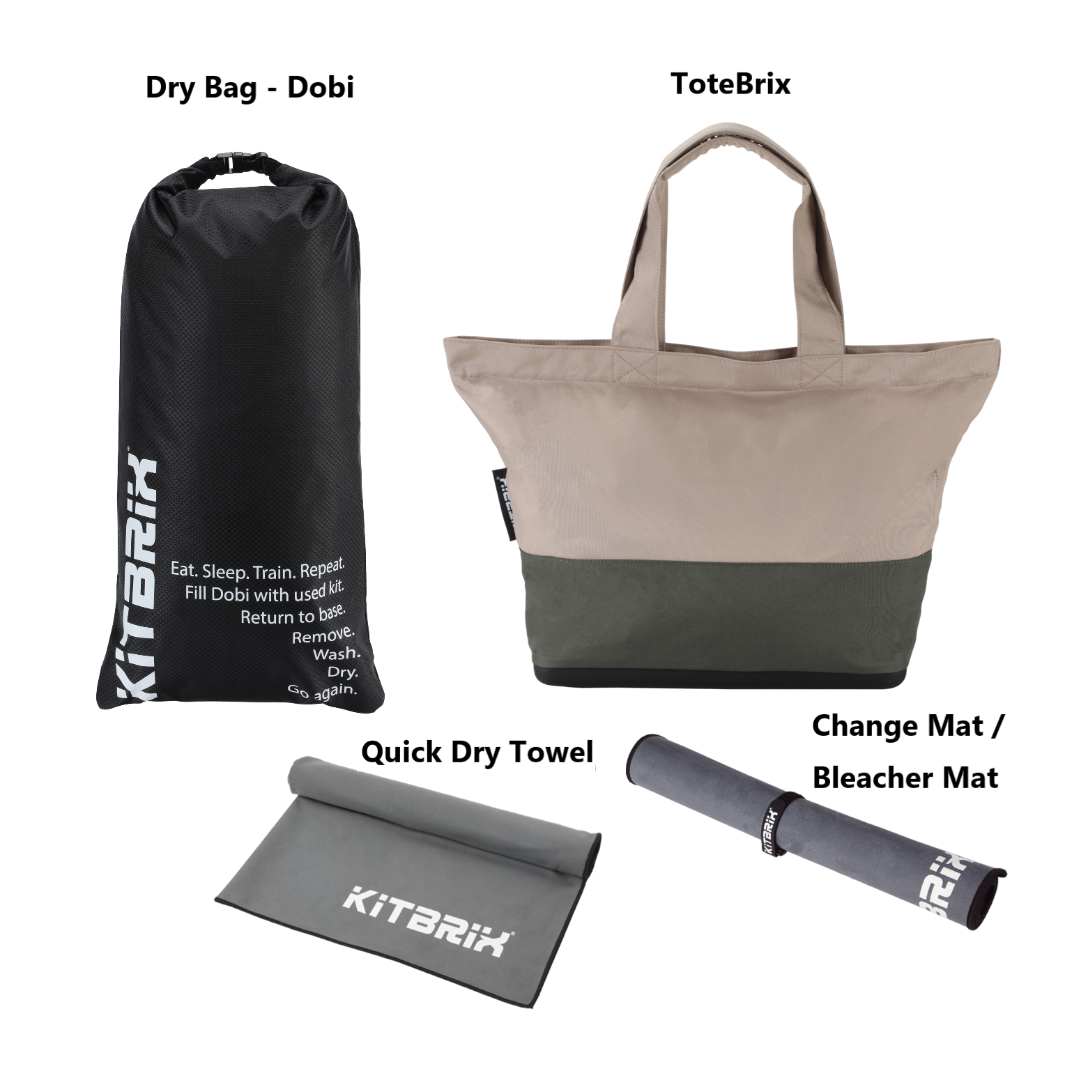 Adventure gear bundle for UK travelers, includes dry bag, towel, tote bag, and waterproof change mat.