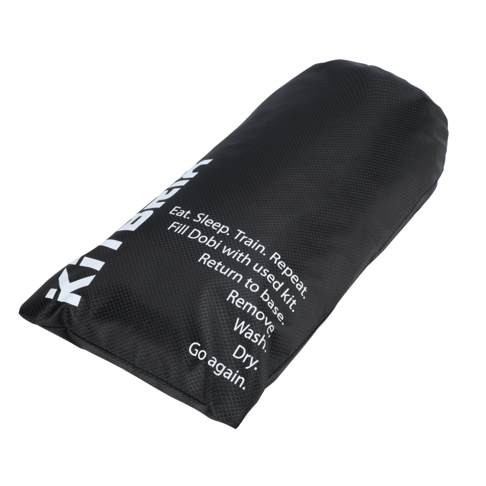 Front view of DobiPak dry bag, showcasing its compact and portable design for separating wet and muddy items.